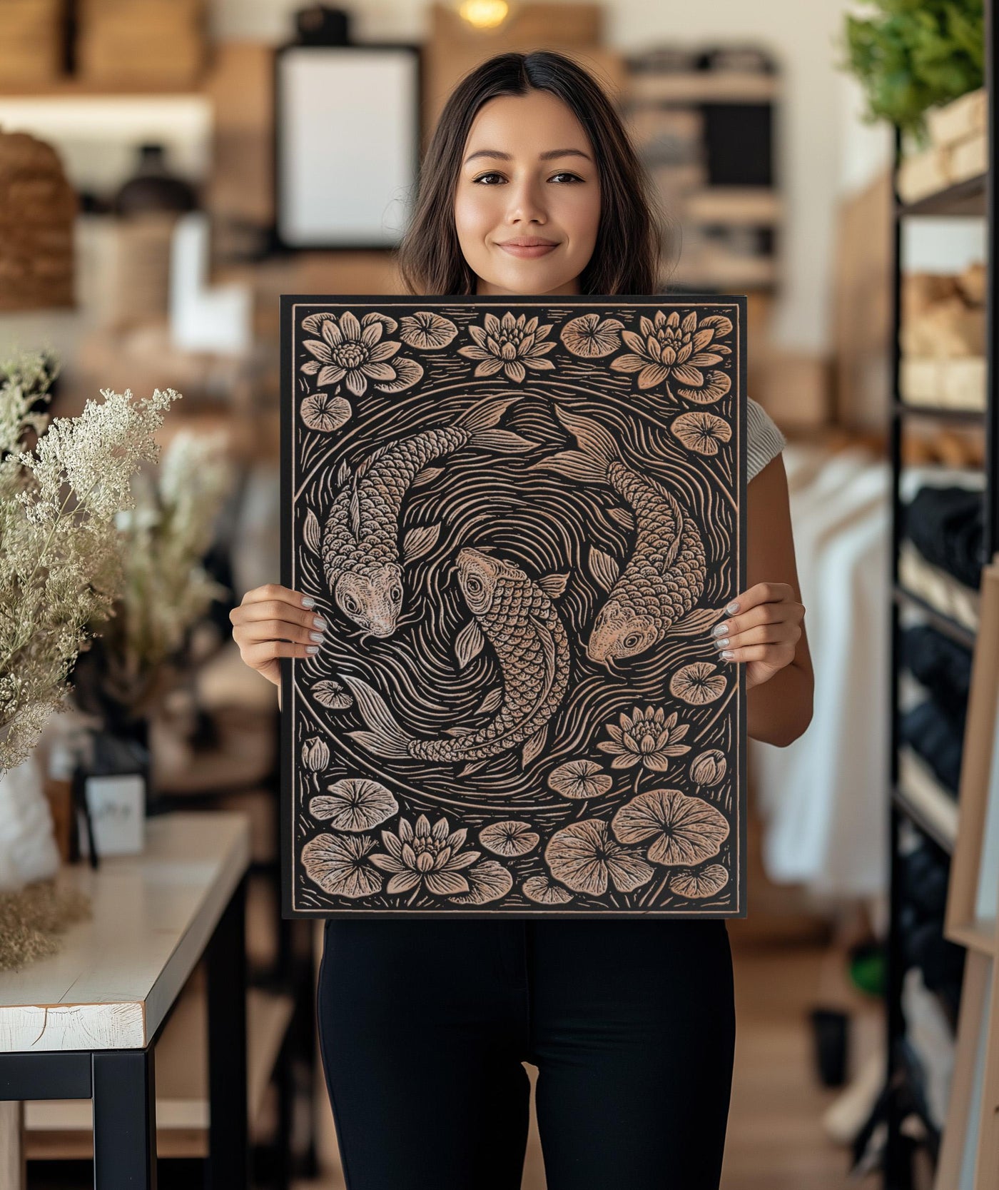 Koi Fish Engraved Birch Illustration