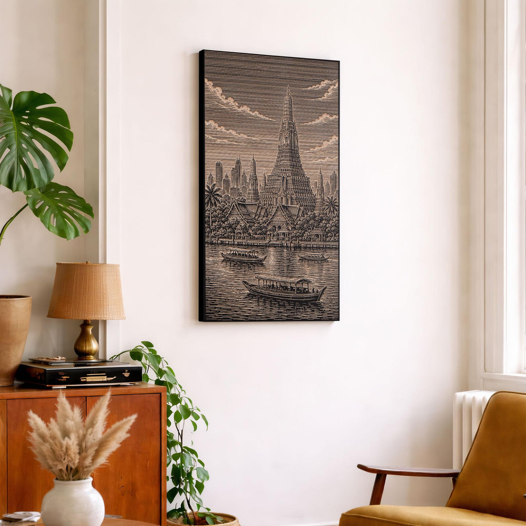 Bangkok Temple and Skyline Engraved Birch Art Panel