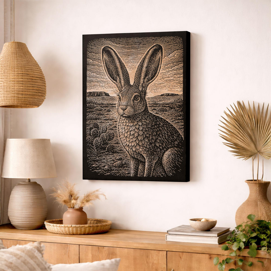 Jackrabbit in Desert Landscape Engraved Birch Art Panel