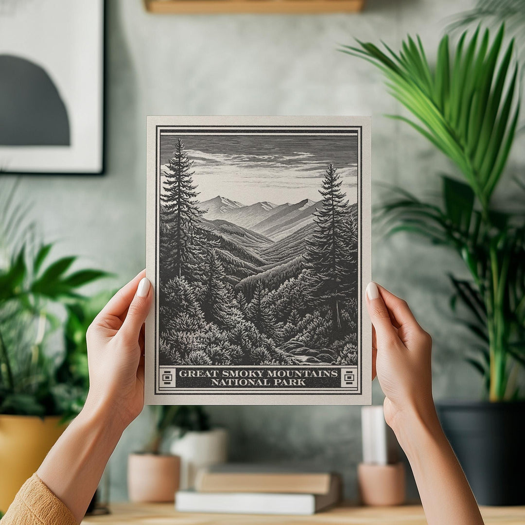 Great Smoky Mountains National Park Lithograph, Vintage Tennessee &amp; North Carolina poster design, archival quality matte fine art print gift