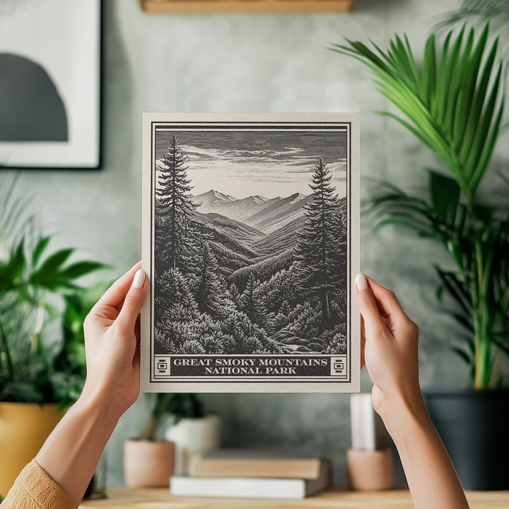 Great Smoky Mountains National Park Lithograph, Vintage Tennessee &amp; North Carolina poster design, archival quality matte fine art print gift
