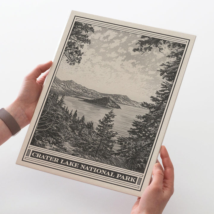 Crater Lake Park Lithograph Style Print - Vintage Oregon archival matte fine art print. Cascade Mountains Mount Mazama Wizard Island Gift.