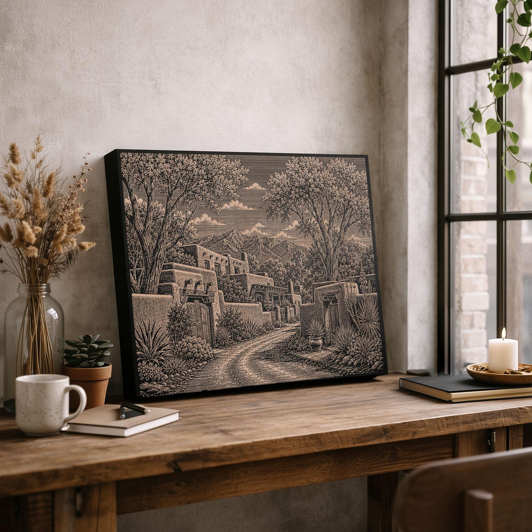 Santa Fe Adobe Lane Engraved Birch Art Panel