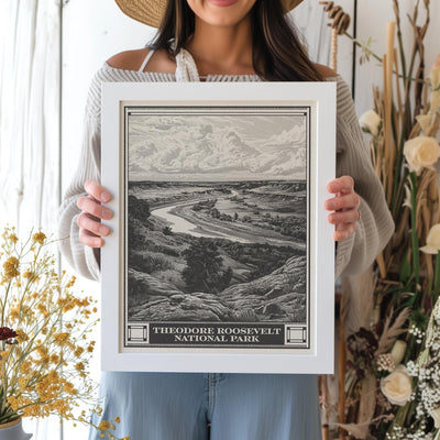 Theodore Roosevelt National Park Lithograph Style Print - Vintage North Dakota archival matte fine art print. Wind Canyon Trail. Travel Gift