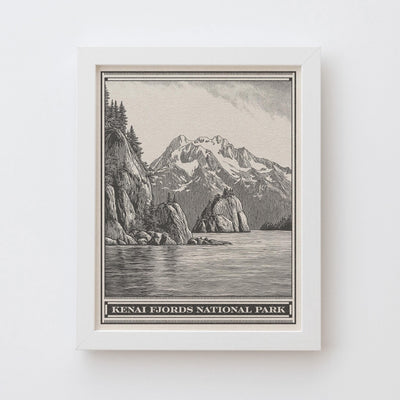 Kenai Fjords National Park Lithograph Style Print - Vintage Alaska archival matte fine art print. Harding Icefield Kenai Peninsula Gift