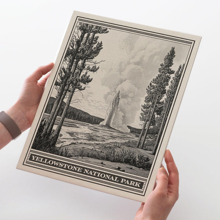 Yellowstone National Park Old Faithful Lithograph Style Print - Vintage Wyoming poster design, archival matte fine art print, Western Gift
