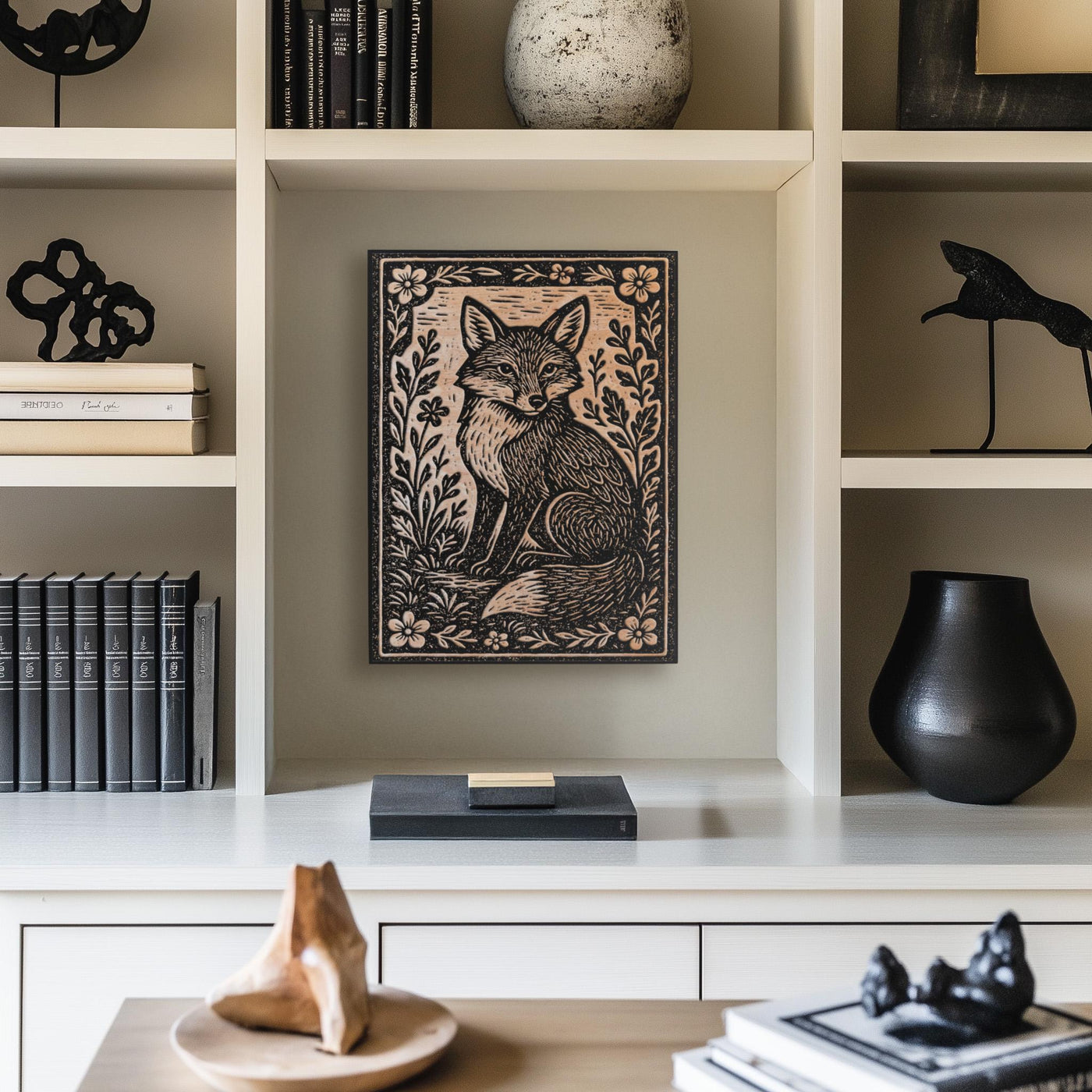 Fox in Wildflowers Engraved Birch Illustration