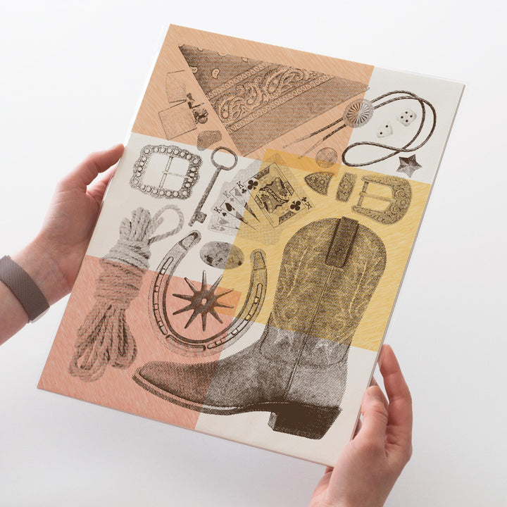 Western Flatlay Wall Art Print - Vintage poster design, archival quality matte fine art print. Risograph print, Western Cowboy gift.