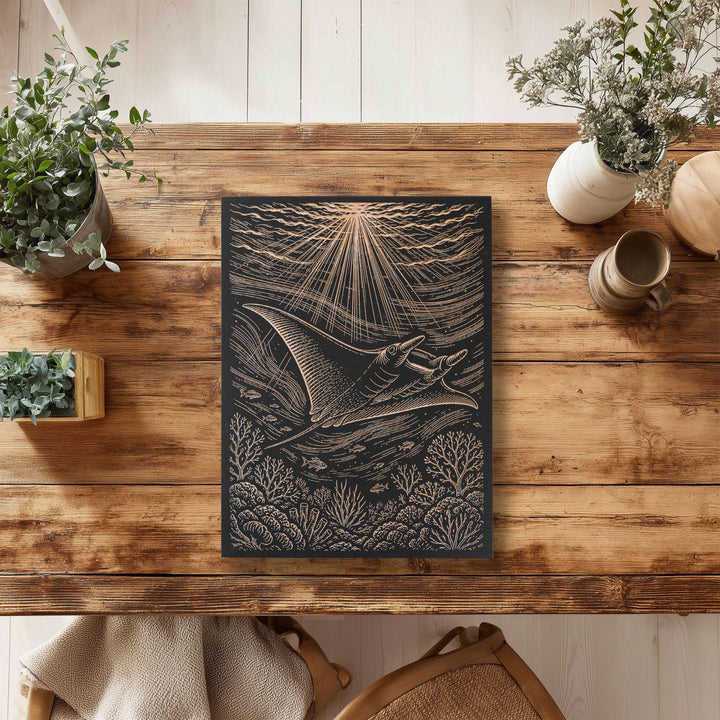 Manta Ray Over Coral Reef Engraved Birch Art Panel