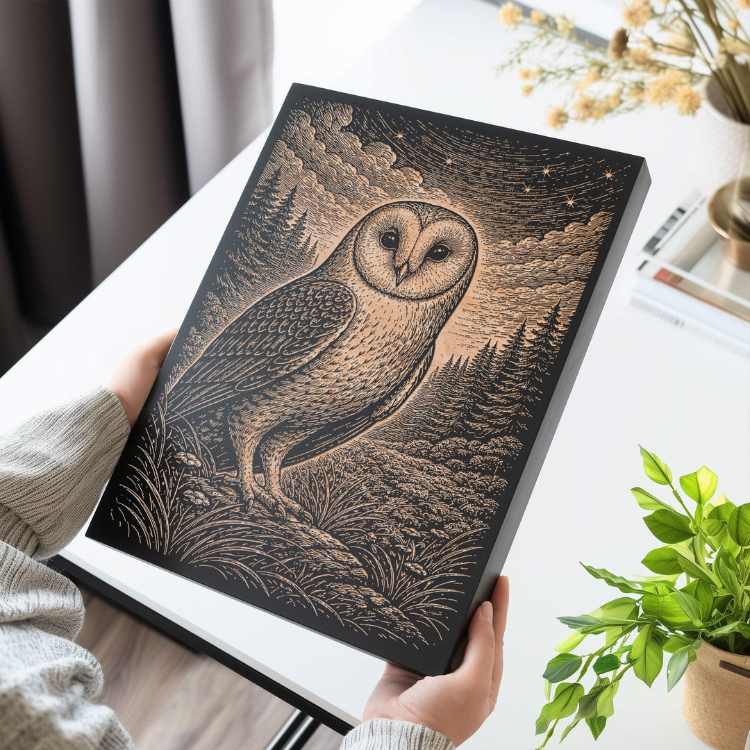 Barn Owl in Starry Night Engraved Birch Art Panel