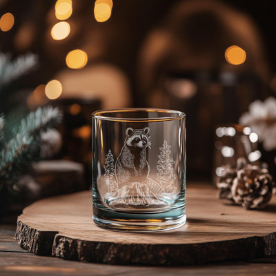 Raccoon Glasses | Woodland Animal Personalized Whiskey, Wine & Beer Glassware, Animal Drinkware, Forest Themed Decor, Cute Whimsical Gift