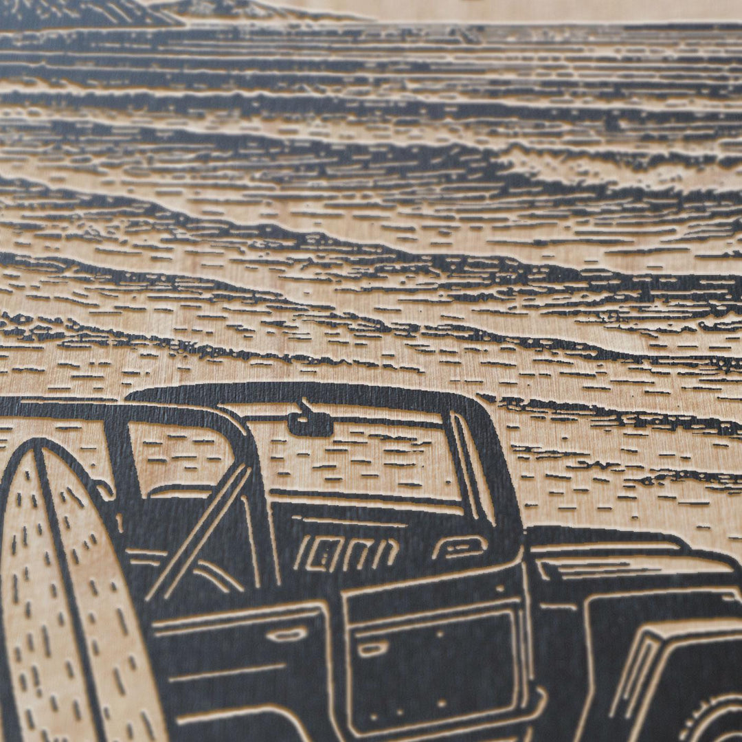 Surf SUV On the Beach Engraved Illustration
