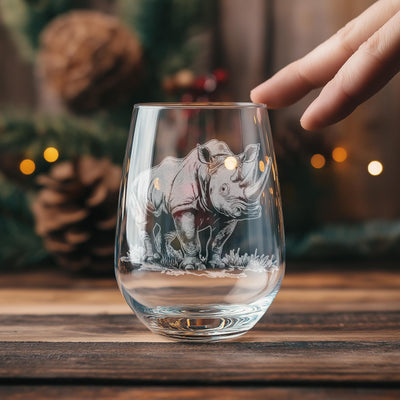 Rhinoceros Glasses | Personalized Safari Whiskey, Wine & Beer Etched Glassware Gift, African Wildlife Themed Drinkware, Memorable Trip Gift.