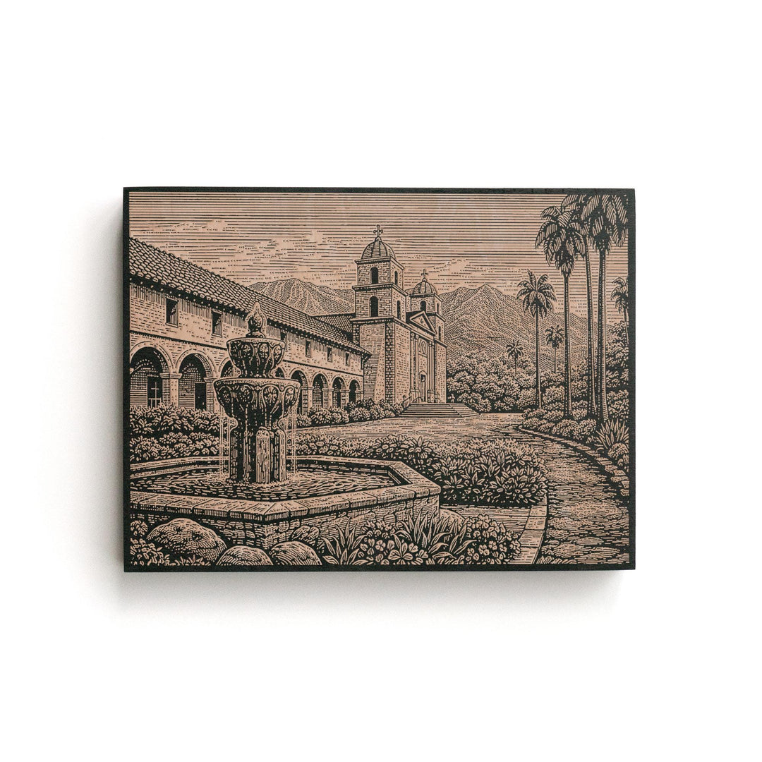 Santa Barbara Mission Garden Engraved Birch Art Panel