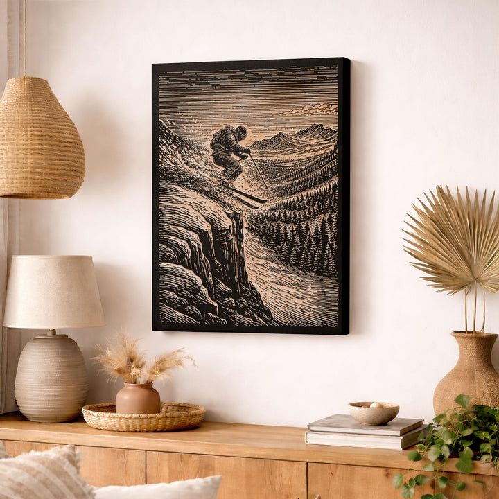 Backcountry Cliff Skiing Engraved Illustration