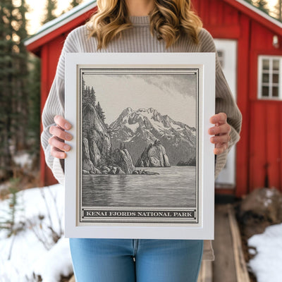 Kenai Fjords National Park Lithograph Style Print - Vintage Alaska archival matte fine art print. Harding Icefield Kenai Peninsula Gift