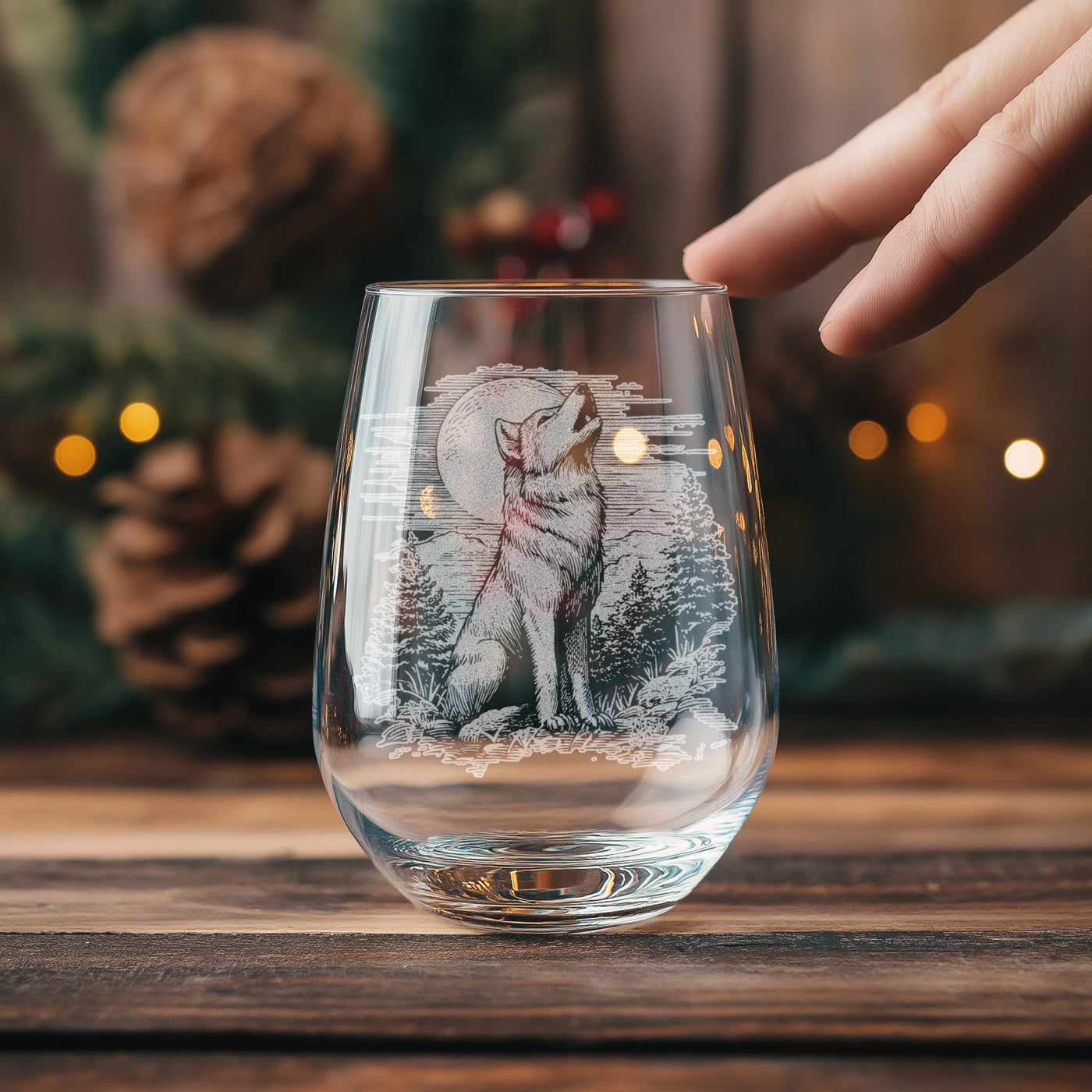 Wolf Scene Glasses | Wildlife Themed Personalized Whiskey, Wine & Beer Glassware, Full Moon Howling Wolf Drinkware, Forest Animal Gift