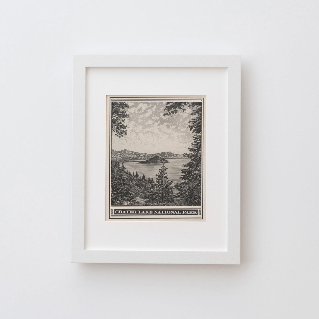 Crater Lake Park Lithograph Style Print - Vintage Oregon archival matte fine art print. Cascade Mountains Mount Mazama Wizard Island Gift.