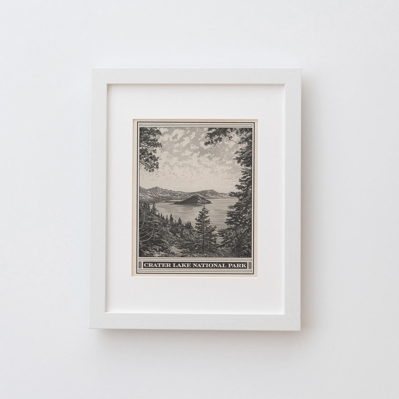 Crater Lake Park Lithograph Style Print - Vintage Oregon archival matte fine art print. Cascade Mountains Mount Mazama Wizard Island Gift.