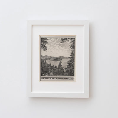 Crater Lake Park Lithograph Style Print - Vintage Oregon archival matte fine art print. Cascade Mountains Mount Mazama Wizard Island Gift.