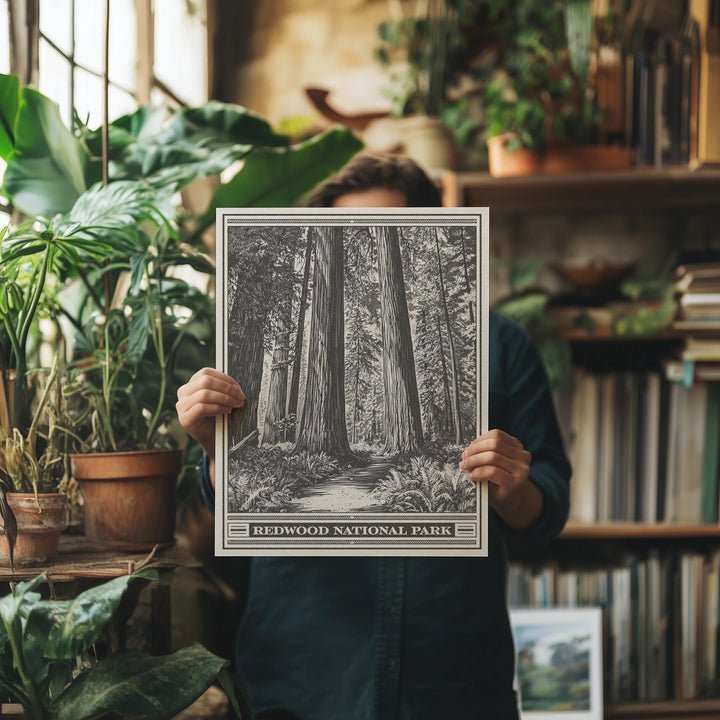 Redwood National Park Lithograph Style Print - Vintage California archival matte fine art print. Jedediah Smith Prairie Creek Redwoods Gift