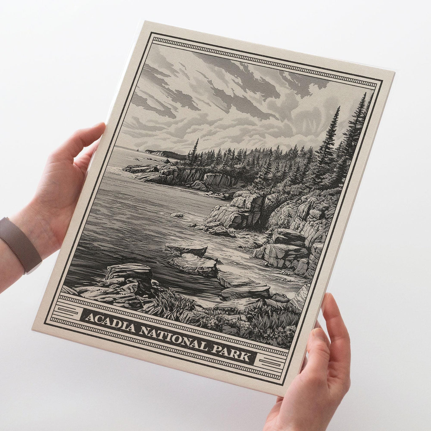 Acadia National Park Rocky Coast Lithograph Style Print - Vintage Maine New England archival matte fine art print. Mount Desert Island gift.