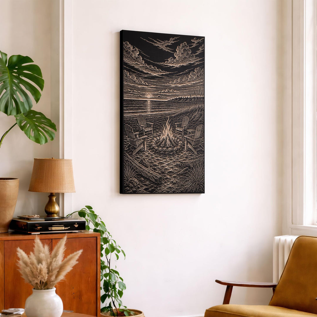 Beach Bonfire at Sunset Engraved Illustration