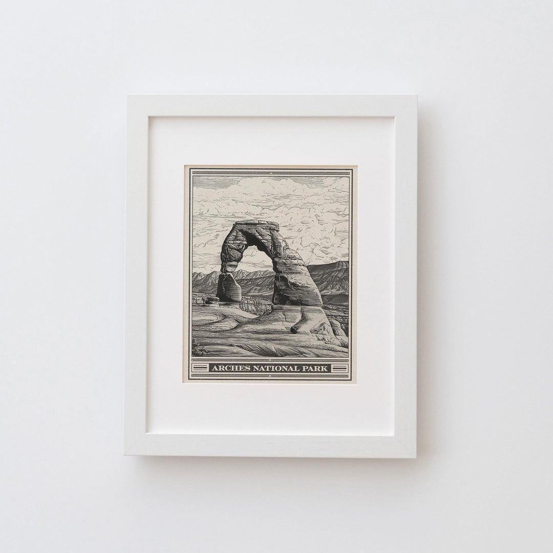 Arches National Park Lithograph Style Print - Vintage Utah archival matte fine art print. Delicate Arch of La Sal Mountains. Desert Gift.