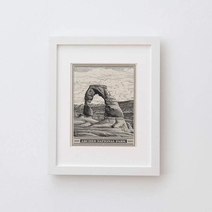 Arches National Park Lithograph Style Print - Vintage Utah archival matte fine art print. Delicate Arch of La Sal Mountains. Desert Gift.