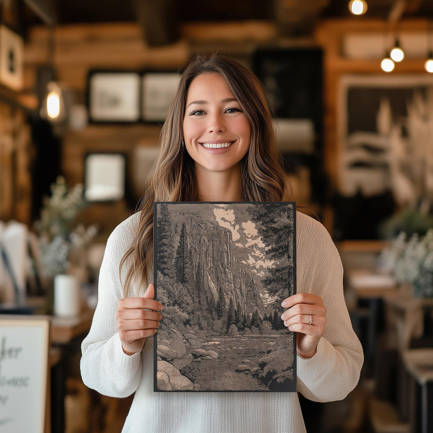 El Capitan Yosemite Scene Engraved Illustration