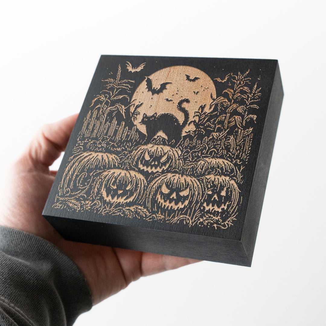Black Cat Pumpkin Patch Engraved Birch Wood Panel