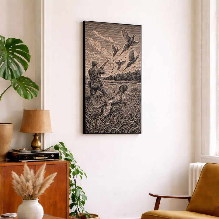 Hunter in the Field with Dogs and Birds Engraved Illustration