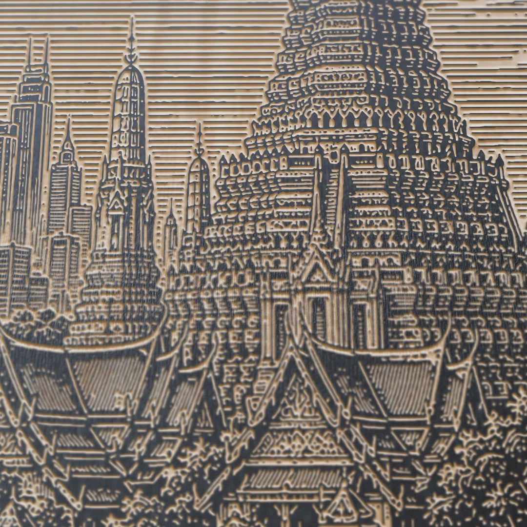 Bangkok Temple and Skyline Engraved Birch Art Panel