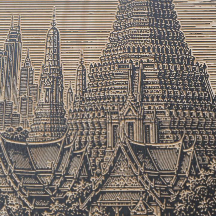 Bangkok Temple and Skyline Engraved Birch Art Panel