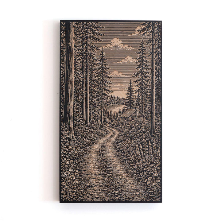 Maine Spruce Forest Camp Road Engraved Birch Art Panel