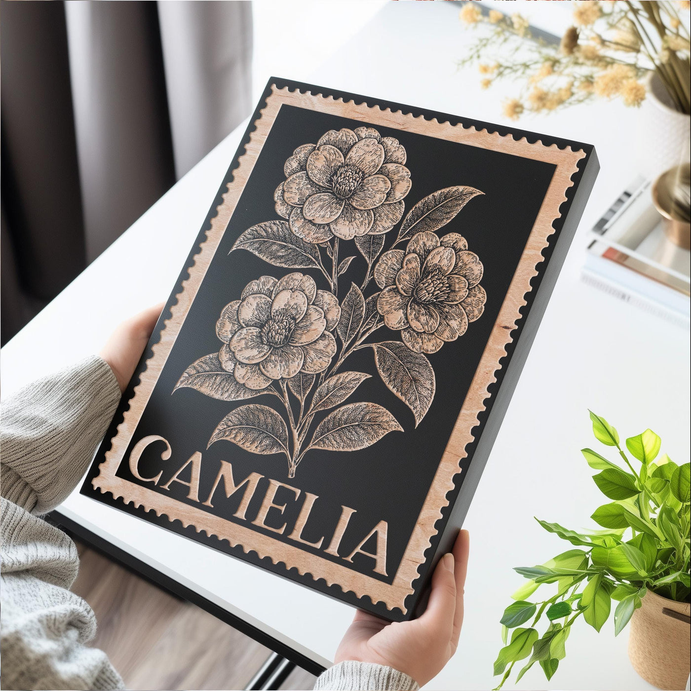 Camelia Floral Wall Art | Engraved Wood Lithograph Style Nature Illustration, Plant Flower Painting Mothers Gift, Vintage Alabama Stamp Art