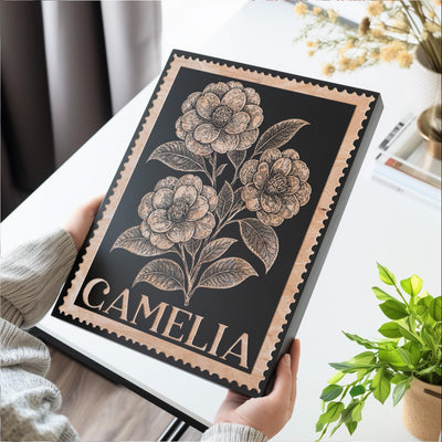 Camelia Floral Wall Art | Engraved Wood Lithograph Style Nature Illustration, Plant Flower Painting Mothers Gift, Vintage Alabama Stamp Art