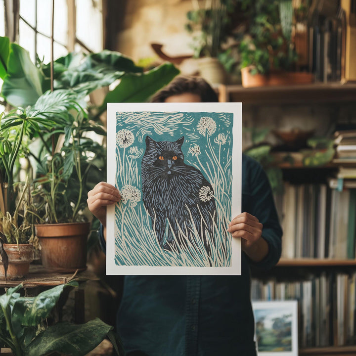 Black Cat in Dandelions Art Print