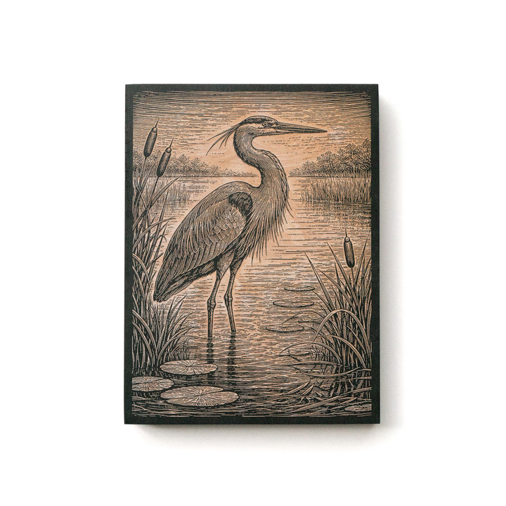 Marshland Great Blue Heron in Reeds Engraved Birch Art Panel