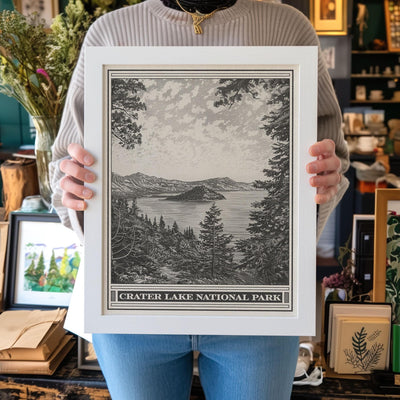 Crater Lake Park Lithograph Style Print - Vintage Oregon archival matte fine art print. Cascade Mountains Mount Mazama Wizard Island Gift.