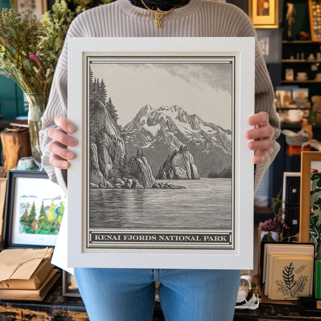 Kenai Fjords National Park Lithograph Style Print - Vintage Alaska archival matte fine art print. Harding Icefield Kenai Peninsula Gift