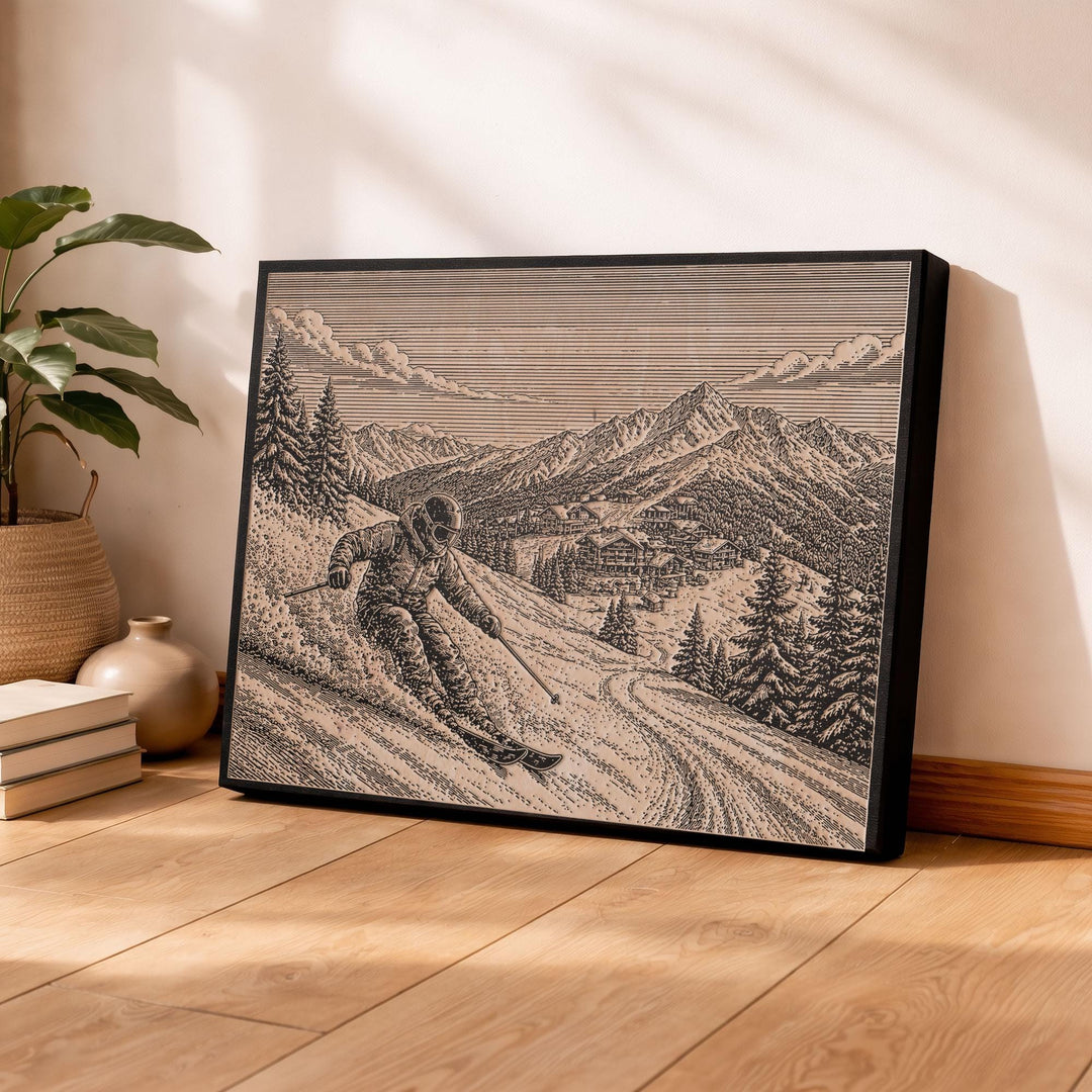 Alpine Skier Engraved Illustration