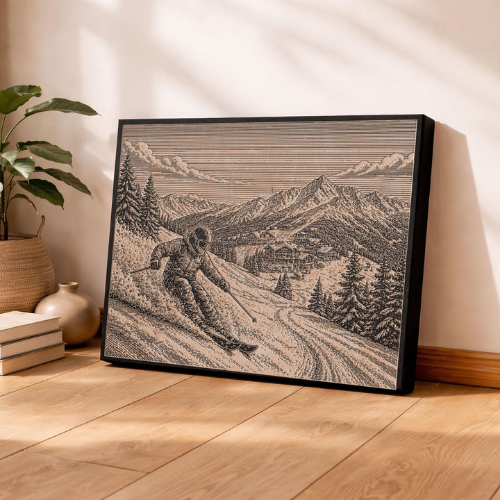 Alpine Skier Engraved Illustration