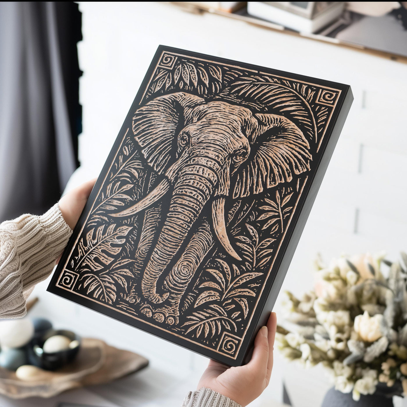 Elephant in the Jungle Engraved Birch Illustration