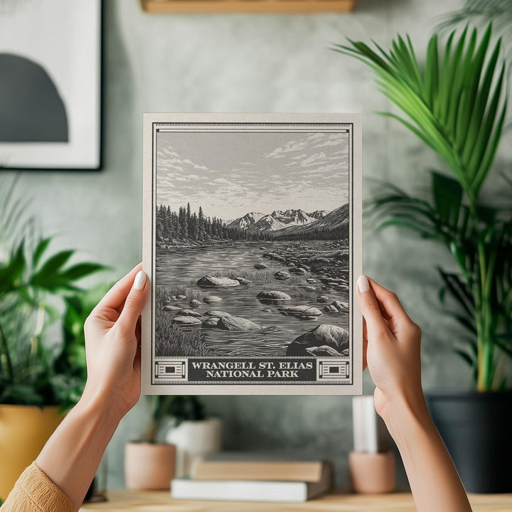 Wrangell St Elias National Park Lithograph Style Print - Vintage Alaska archival matte fine art print gift Alaskan Volcano Glacier Mountains