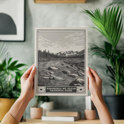 Wrangell St Elias National Park Lithograph Style Print - Vintage Alaska archival matte fine art print gift Alaskan Volcano Glacier Mountains