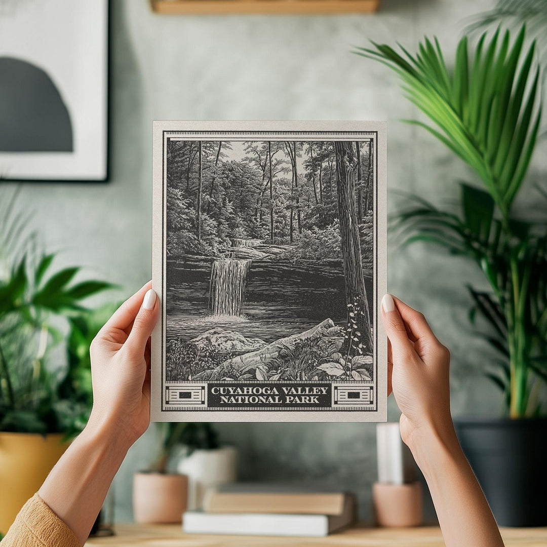Cuyahoga Valley National Park Lithograph Style Print - Vintage Ohio archival matte fine art print. Brandywine Creek Waterfall. Hiker Gift.