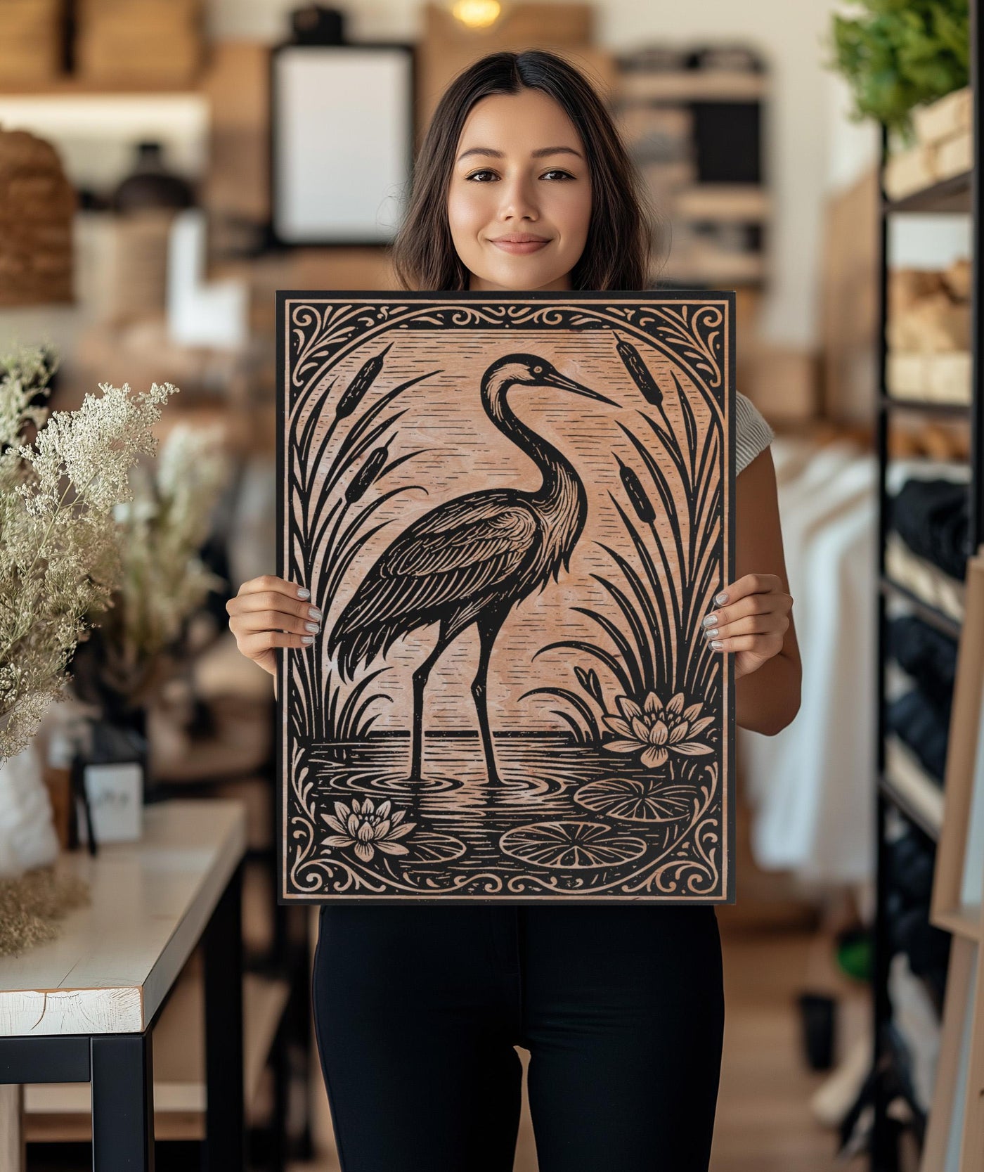 Crane In the Lily Pond Engraved Birch Illustration