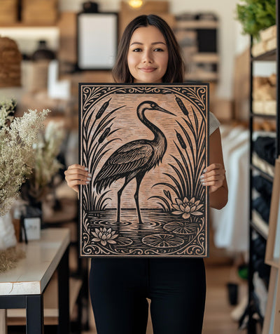 Crane In the Lily Pond Engraved Birch Illustration