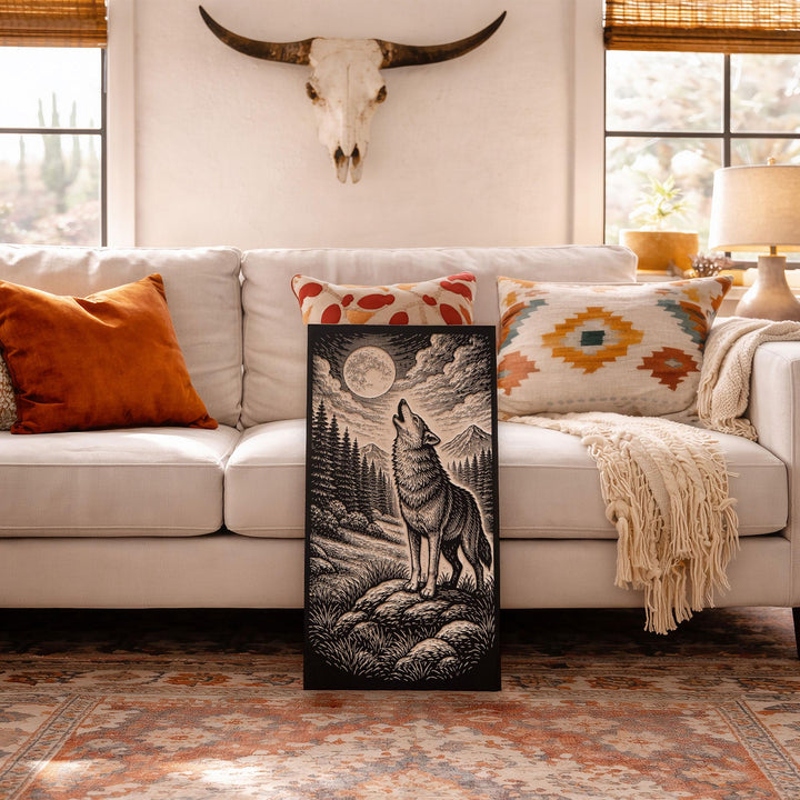 Wolf Howling at Moon Engraved Birch Art Panel